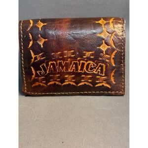 Vintage Jamaica Hand Tooled Leather Trifold Wallet Brown Embossed Souvenir